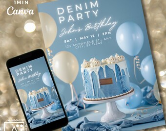 Denim Birthday Invitation: Jeans & Bling Party, Editable Template (Print/Evite)