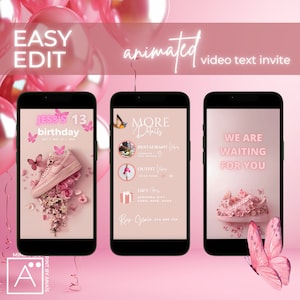 Floral 13e anniversaire baskets fille, modifier tout âge, invitation par téléphone, itinéraire, papillons rose poudré, invitations vidéo pour adolescents, Evite, numérique