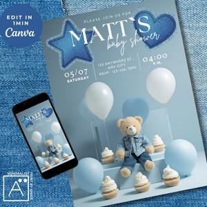 Denim Baby Bear Shower Invitation: Editable Template (Digital & Print)