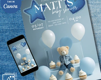 Denim babybeeruitnodiging voor babyshower: bewerkbare sjabloon (digitaal en print)