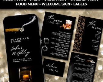 Toasts and Smokes: Male Birthday Party FULL BUNDLE, Männer Einladung Video + Print, Cigar Whisky Menü, Willkommensschild, Etikett, Erwachsene einladen