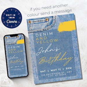 Denim Birthday Invitation: Blue Jeans & Yellow, Editable Invite