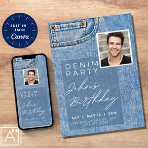 denim birthday invitation with picture photo, denim invite, denim party, blue jeans and bling, denim birthday, EDITABLE INVITATION