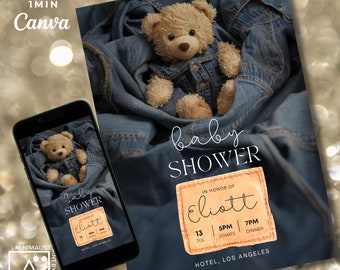 Denim babyshower teddybeer: bewerkbare sjabloon