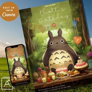 Convite de aniversário editável do Totoro, Evite imprimível e digital, festa do Studio Ghibli, download instantâneo, edição fácil, meu vizinho totoro
