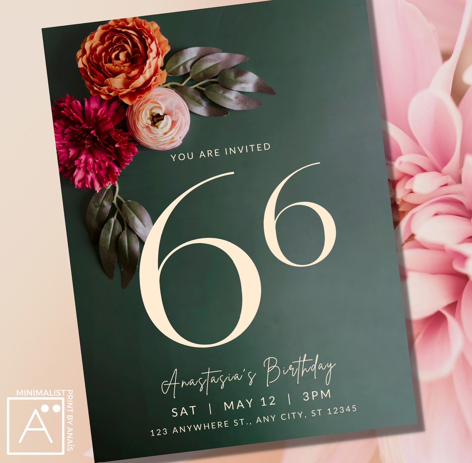 Blush Pink Floral 66th Birthday Invitation, Fully EDITABLE Template age