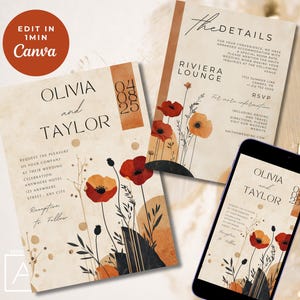 Conjunto de convites de casamento elegantes com flores silvestres | Código QR criado sob demanda | Convite de casamento floral moderno Boho | Impressão e digital