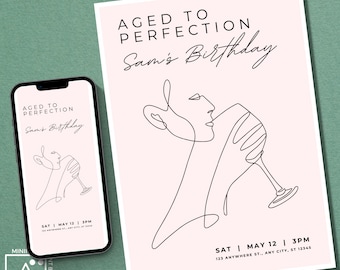 Wine Birthday Invitation Template | Aged to Perfection Line Art Canva Invite | Editable Digital Download for Adult Birthday Party