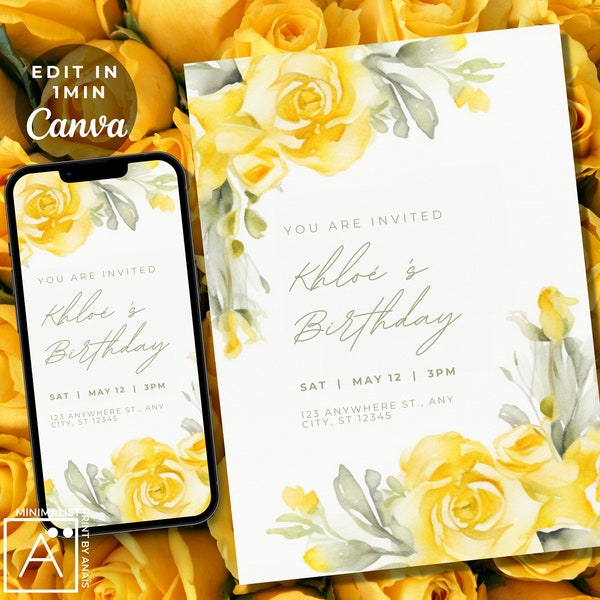 watercolor yellow roses birthday invite, rose birthday invitation, Editable Invitation, Gelbe Rosen Geburtstagseinladung, text and digital