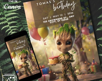 Groot Birthday Invitation Template, Printable Birthday Party Invitation, Digital Kids Party Invite Template, Groot tags, editable groot