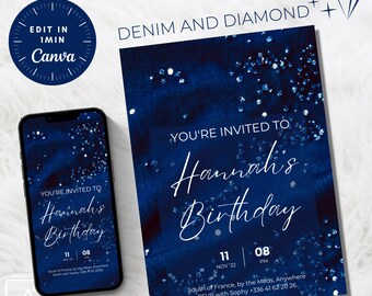 Invitación de cumpleaños con diseño de mezclilla y diamantes: plantilla editable