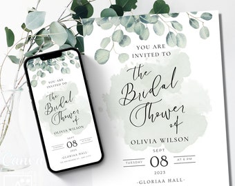 Może przedstawiać: Cyfrowe i drukowane zaproszenie na wieczór panieński. Zaproszenie zawiera akwarelowe tło z liśćmi eukaliptusa i tekst "You are invited to the Bridal Shower of Olivia Wilson" z datą i godziną wydarzenia.
