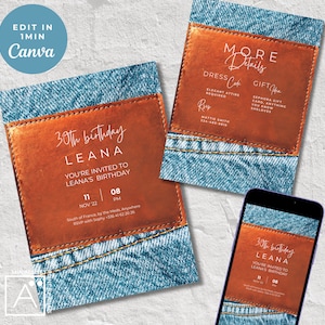 light denim birthday invitation, denim invite, denim party, blue jeans and bling, denim birthday, EDITABLE INVITATION print & send via phone