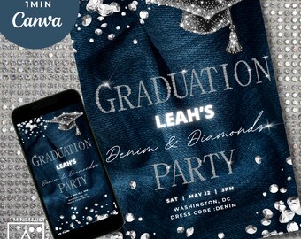 Convite para formatura com jeans e diamantes: modelo de convite editável
