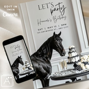 Faire-part d'anniversaire de cheval, fête de cheval de luxe noir et blanc minimaliste, cow-girl, selle, poney, dîner, invitation pour adultes, champagne
