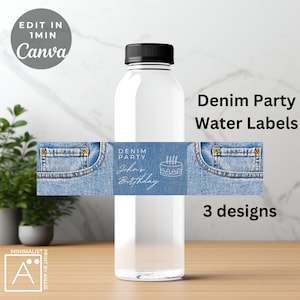 Denim Birthday Water Bottle Labels: Editable Party Favors (Canva Template)