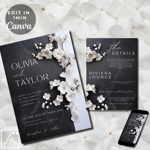 Elegant Black Wedding Invitation, Minimalist Floral Wedding Invitation Set, Black and White Wedding Invitation Set, Minimalist, Modern