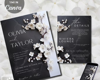 Elegant Black Wedding Invitation, Minimalist Floral Wedding Invitation Set, Black and White Wedding Invitation Set, Minimalist, Modern