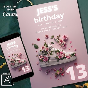 Geburtstag Turnschuhe Mädchen, 13. Geburtstag Telefon Einladung blush rosa, Video Animierte Geburtstag lädt für Jugendliche, Bearbeitbar jedes Alter, Evite, Digital