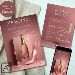 Invitación para despedida de soltera con prosecco y perlas: Plantilla digital minimalista