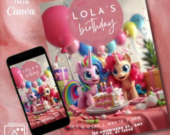 Unicorn Birthday Invitation: Pastel Pony Party, Editable Canva Template