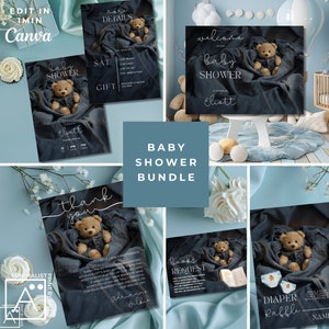Teddybär Denim Babyparty Bundle Einladung, es ist ein Junge Bärig warten, Print & Digital FULLY EDITIERBAR, Willkommensschild, Danke, Gefälligkeiten ...