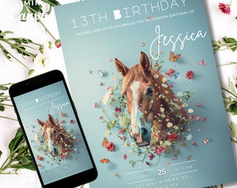 Inbjudan till blommig hästfödelsedag: Cowgirlfest, redigerbart tryck och evigt