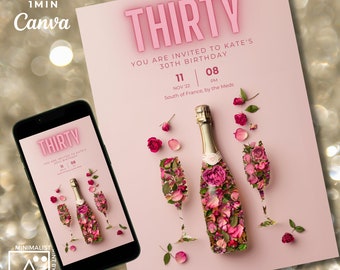 Champagne Floral Birthday Invitation: Editable Dinner Party Invite (Digital)