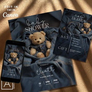 Teddy bear Denim baby shower invitation, it's a boy invite, Print and Digital FULLY EDITABLE VIDEO evite template, We can bearly wait, text