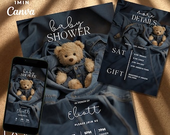 Denim Teddy Bear Baby Shower Invitation: Elegant Boy Invite (Print & Digital)