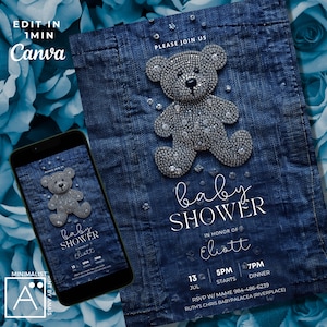 Denim & Diamond Teddy Bear Baby Shower Invitation (Printable/Digital)