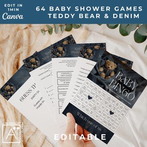 Pacchetto giochi per baby shower con orsetto e denim, stampabile MODIFICABILE, tema baby shower denim, vestitini per neonato, Oh Baby Minimalist, Bingo