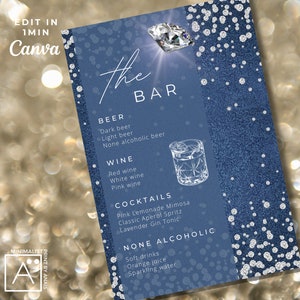 May include: A blue denim bar menu with a diamond graphic at the top. The menu lists the drinks available: Beer, Wine, Cocktails, and None Alcoholic. The text "the BAR" is written in a decorative font.