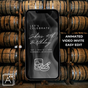 Editable Toasts and Smokes Video Invitation, Adult Invite, Whiskey, Cigar, Birthday Men Template Custom Animated, black & white