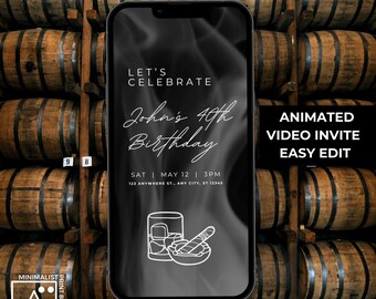 Editable Toasts and Smokes Video Invitation, Adult Invite, Whiskey, Cigar, Birthday Men Template Custom Animated, black & white