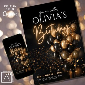 May include: A black and gold birthday party invitation with a gold glitter background and a bunch of black and gold balloons. The text on the invitation reads "You are invited to Olivia's Birthday".