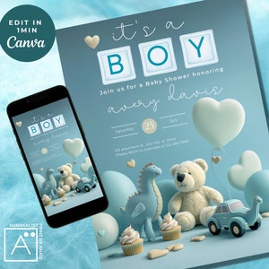 Denim Baby Shower Invitation: Teddy Bear, Dinosaur (Print & Evite)