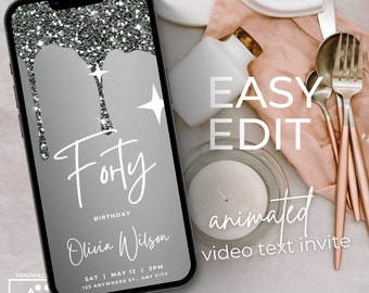 Silver Glitter Birthday Invitation: Editable Template, Any Age (Evite)