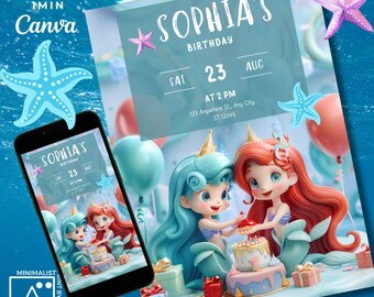 May include: A printable birthday invitation featuring two mermaid characters with pink, blue, and red accents. The invitation is for Sophia's birthday on Saturday, August 23rd at 2 PM. The text on the invitation reads "Sophia's Birthday" and includes the date, time, and location.
