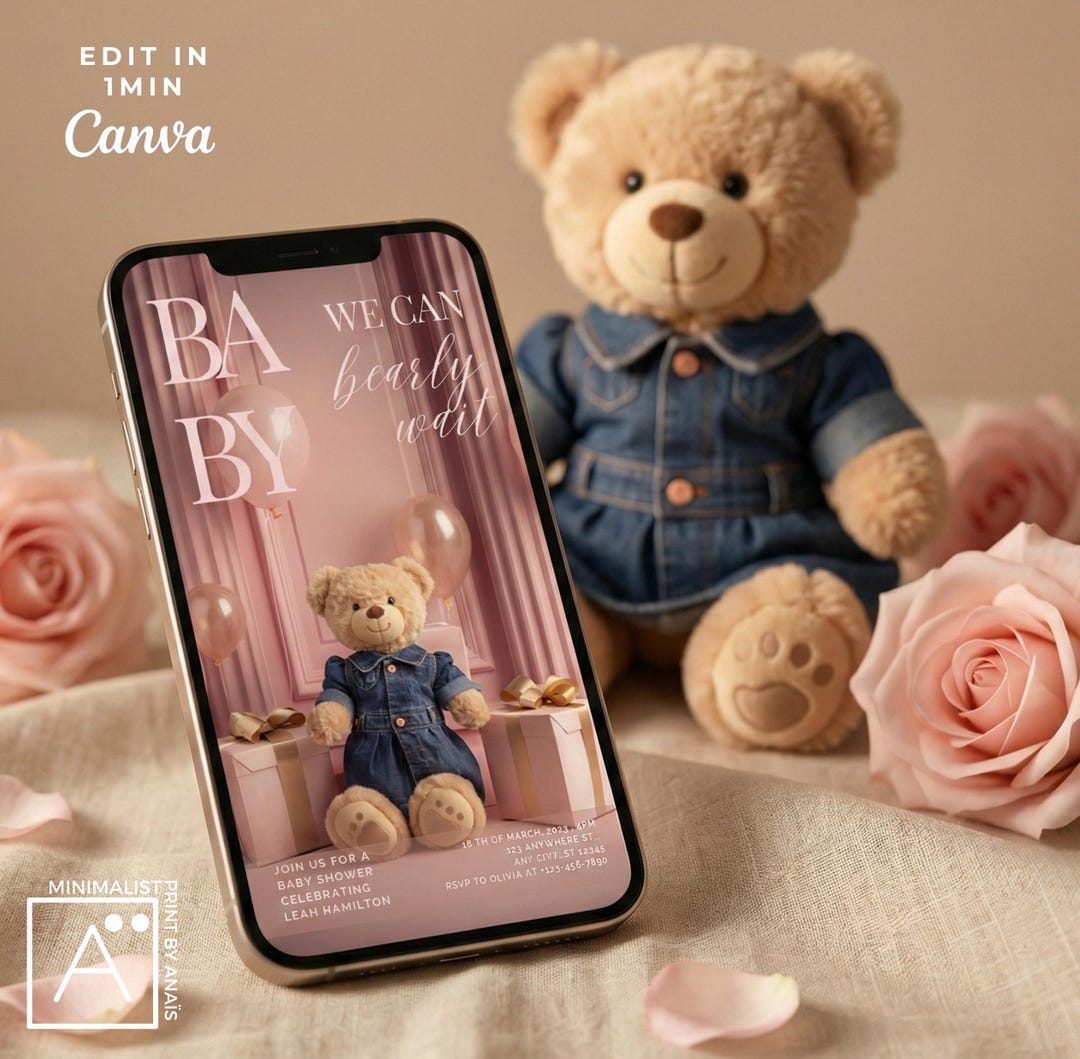 Teddy Bear Baby Shower Canva Template | Pink Blush Editable Digital ...