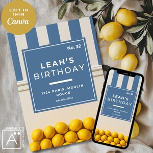 Citrus Lemon Birthday Party Invitation: Positano Blue, Editable Canva Template