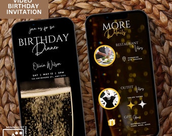 Faire-part d'anniversaire au champagne : animation Evite noir et or (téléchargement numérique)