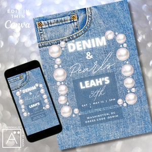 denim and pearls invitation, denim birthday invitation, denim invite, denim party, blue jeans and bling, denim birthday, EDITABLE INVITATION