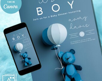 Denimblauwe babybeeruitnodiging voor babyshower: bewerkbare sjabloon (digitaal)