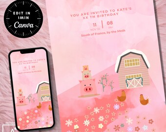 Pink Farm Birthday Invitation: Barnyard Animals Party (Editable, Digital Download)