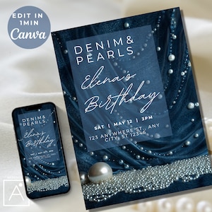 denim and pearl invitation, denim birthday invitation, denim invite, denim party, blue jeans and bling, denim birthday, EDITABLE INVITATION