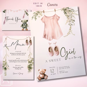Meisje baby shower uitnodiging set sjabloon, menu, dank u kaarten, Boho aquarel baby shower, babykleding douche, eucalyptus groen