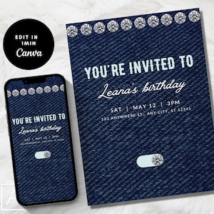 Denim & Diamonds Birthday Invitation: Editable Canva Template
