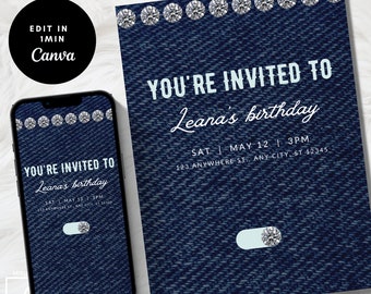 Invitación de cumpleaños de mezclilla y diamantes: Plantilla editable de Canva