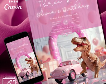 Three Rex Birthday Invitation Girl: Pink Dinosaur Car Party (Digital Evite)